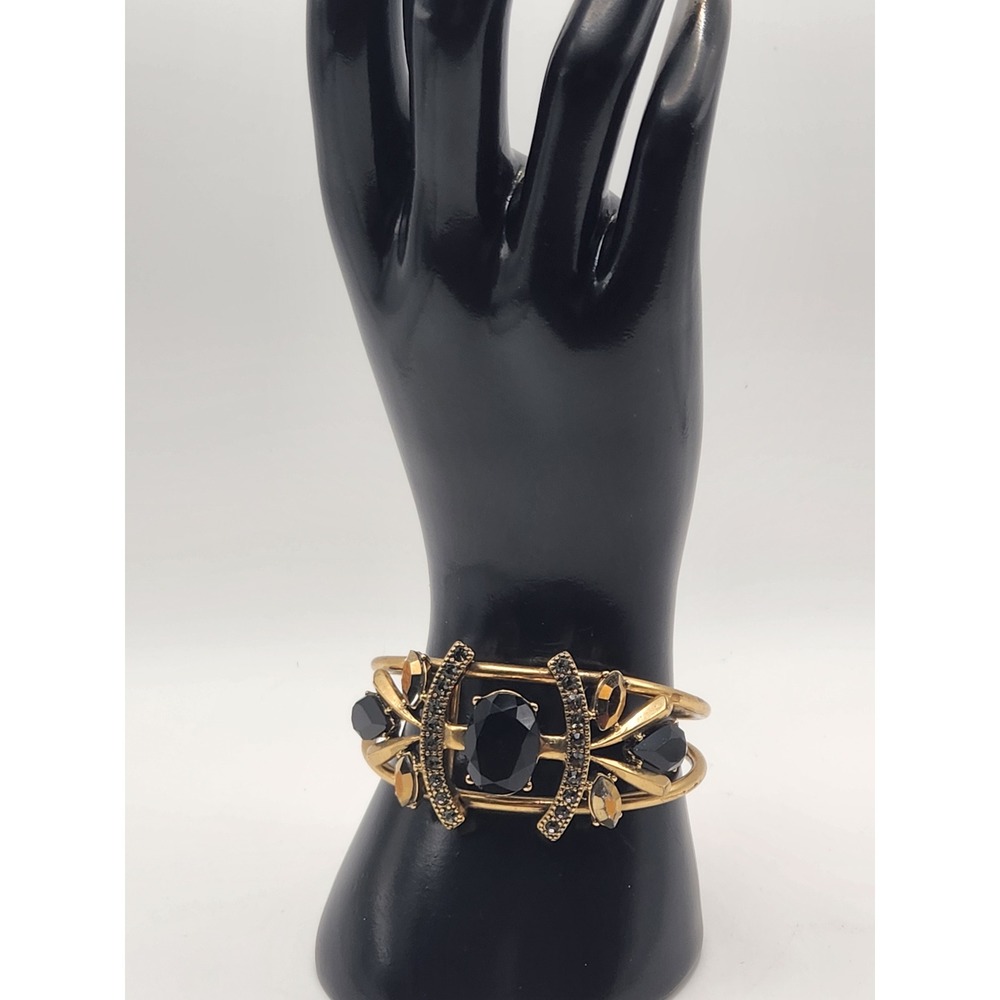 J.Crew Gold Tone Black Crystal Statement Cuff Bracelet Antique Style Pave Accent